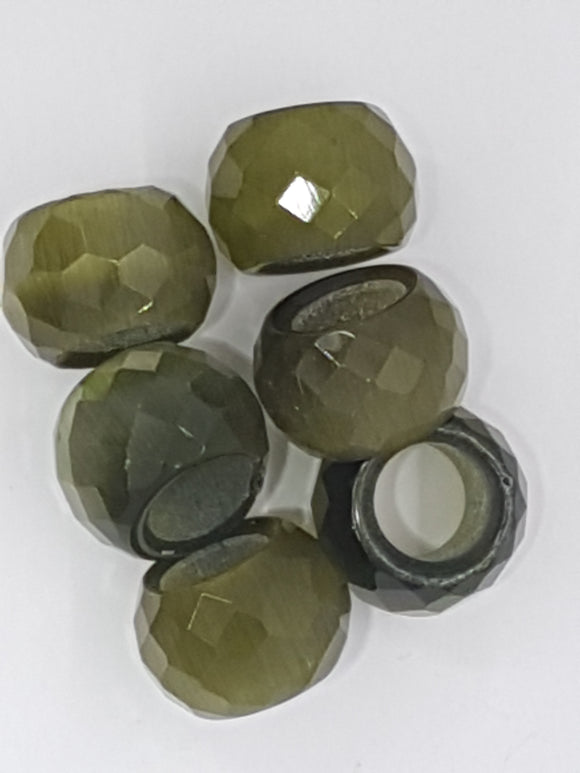 12-14 x 7.8MM LARGE HOLE CAT'S EYE FACETED RONDELLES - OLIVE