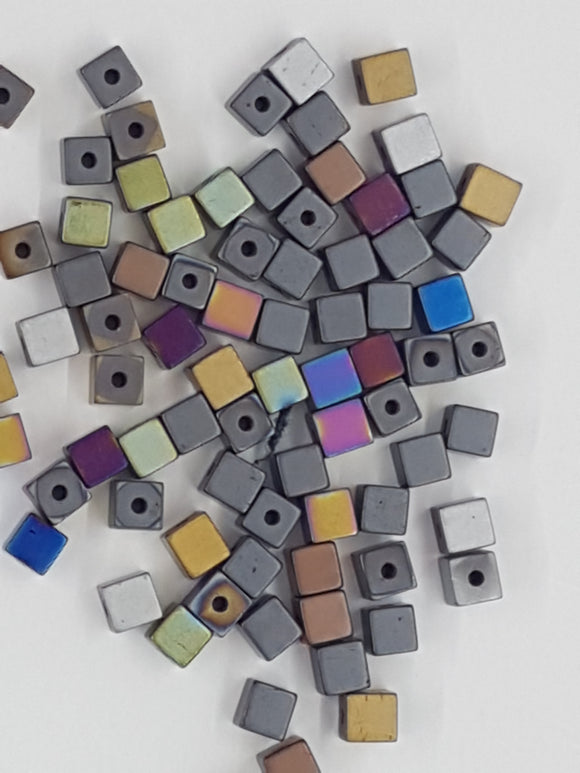 CUBES - 4MM ELECTROPLATED SYNTHETIC HEMATITE CUBES - MIXED