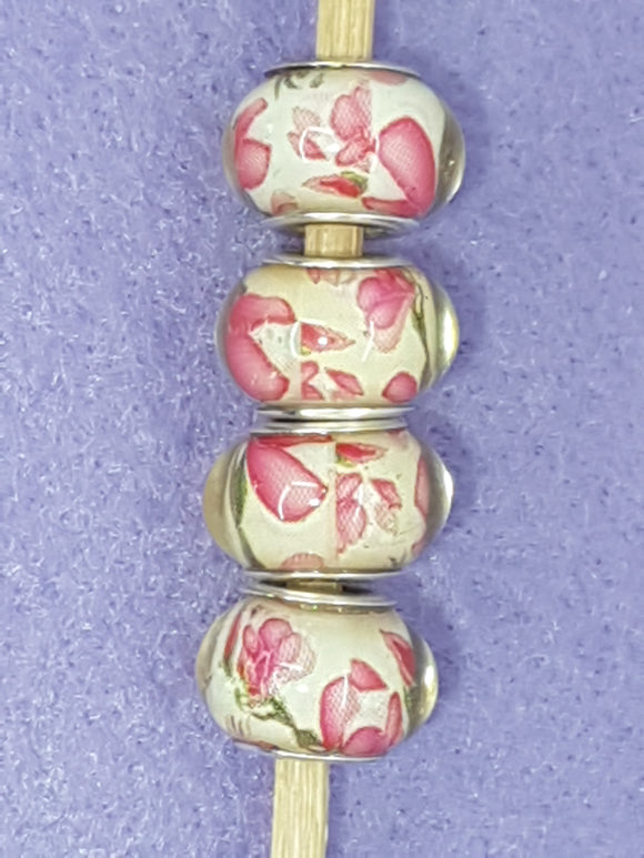 14MM LARGE HOLE ACRYLIC RONDELLES - YELLOW/PINK FLOWERS