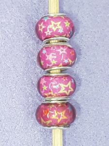 14MM LARGE HOLE ACRYLIC RONDELLES - PINK WITH STARS