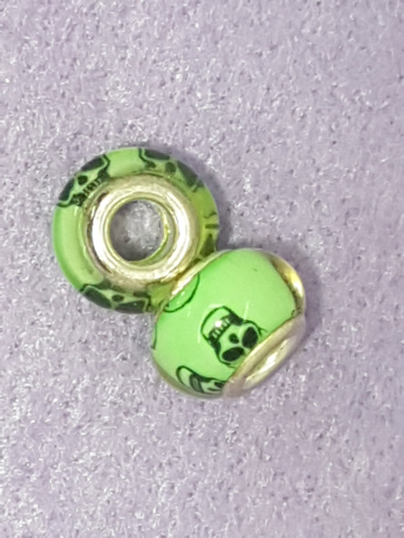 14MM LARGE HOLE ACRYLIC RONDELLES - GREEN WITH SKULLS