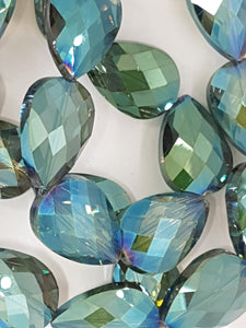 TEARDROPS - 24 X 17MM FACETED GLASS - PLATED TEAL GREEN