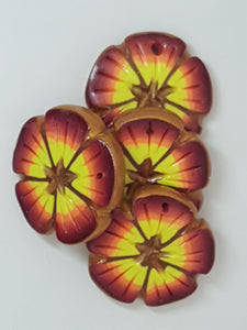 30-32MM x 6MM H/MADE POLYMER CLAY FLOWER - ALIZARIN/ORANGE/YELLOW