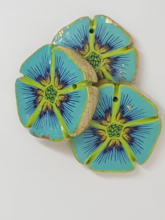 32-34MM x 7MM H/MADE POLYMER CLAY FLOWER - AQUA/YELLOW/BLUE