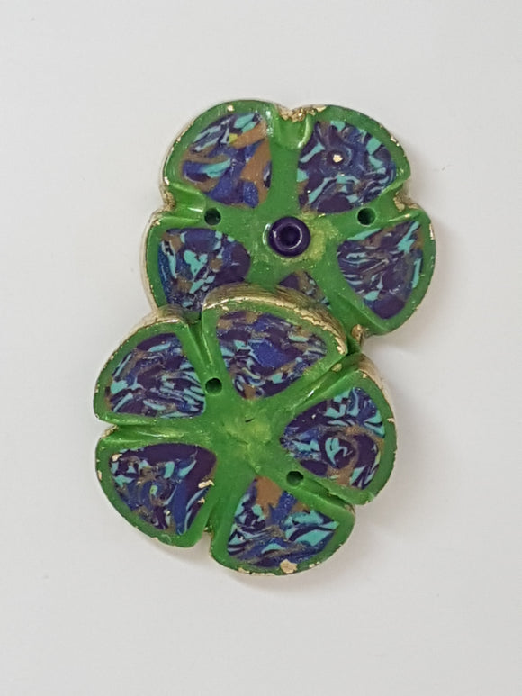 32MM x 6MM H/MADE POLYMER CLAY FLOWER - GREEN/BLUE MOTTLE