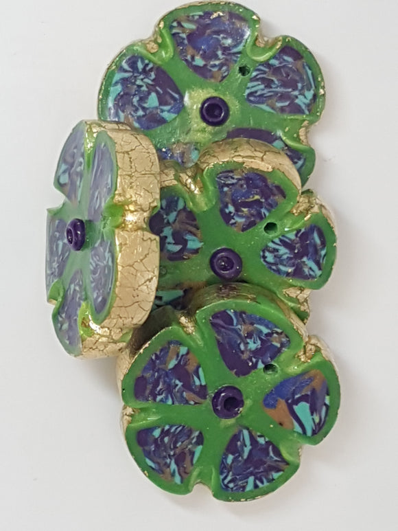 32MM x 6MM H/MADE POLYMER CLAY FLOWER - GREEN/BLUE MOTTLE