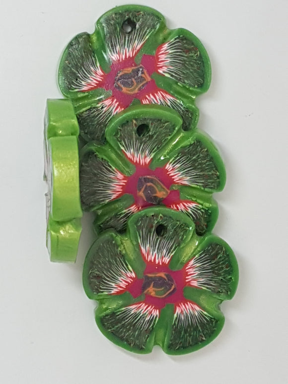 30-32MM x 5MM H/MADE POLYMER CLAY FLOWER - GREEN/FUCHSIA/RED/WHITE