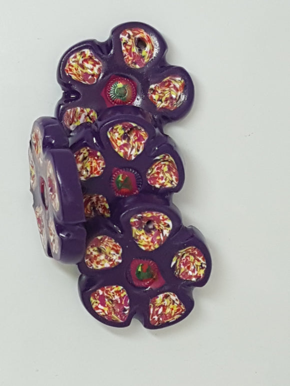 27-30MM x 5MM H/MADE POLYMER CLAY FLOWER - PURPLE/CRIMSON/YELLOW