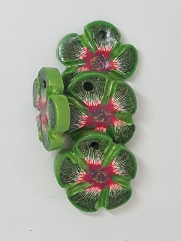 24-26MM x 3-4MM H/MADE POLYMER CLAY FLOWER -GREEN/FUCHSIA/RED/WHITE