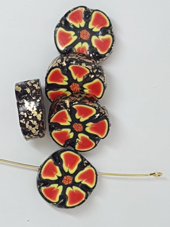 18MM x 6MM H/MADE POLYMER CLAY FLOWER -BLACK/RED/YELLOW