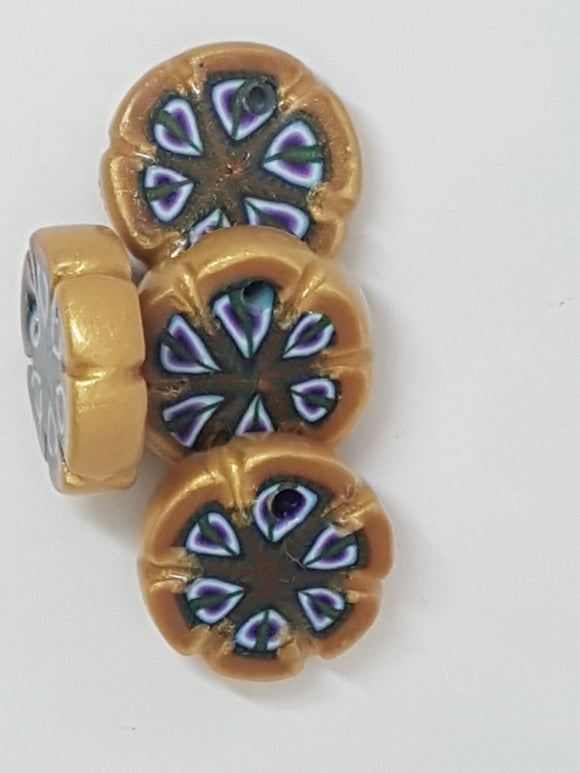 20MM x 6MM H/MADE POLYMER CLAY FLOWER -GOLD/PURPLE/GREEN