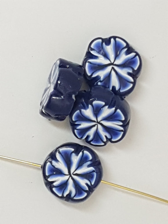 15MM x 6MM H/MADE POLYMER CLAY FLOWER -BLUE/WHITE