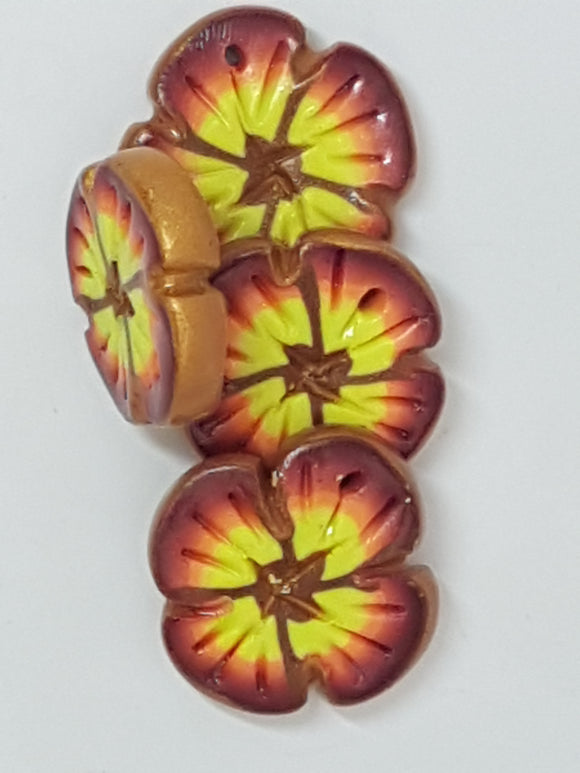 18MM x 3-4MM H/MADE POLYMER CLAY FLOWER -ALIZARIN/ORANGE/YELLOW