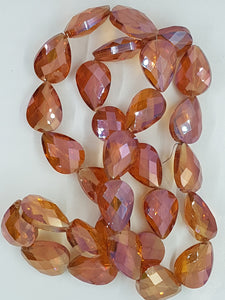 TEARDROPS - 24 X 17MM FACETED GLASS - PLATED CORAL COLOUR