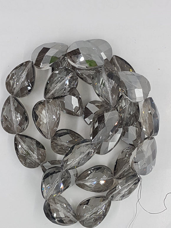 TEARDROPS - 24 X 17MM FACETED GLASS - PLATED LIGHT GREY