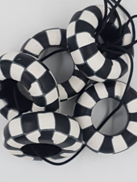 POLYMER CLAY BEAD - LIFESAVER - BLACK/WHITE CHECKS