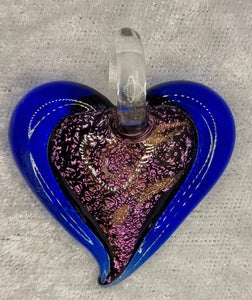 PENDANT - HEART - 40 X 35MM GLASS/DICHROIC - BLUE