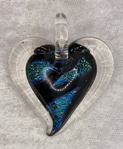 PENDANT - HEART - 40 X 35MM GLASS/DICHROIC - BLUE/GREEN