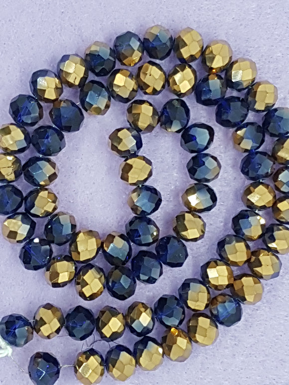 10MM ABACUS GLASS BEADS- PER STRAND - ROYAL BLUE/BRONZE E.PLATED