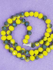 10MM ABACUS GLASS BEADS- PER STRAND - YELLOW/PURPLE E. PLATED