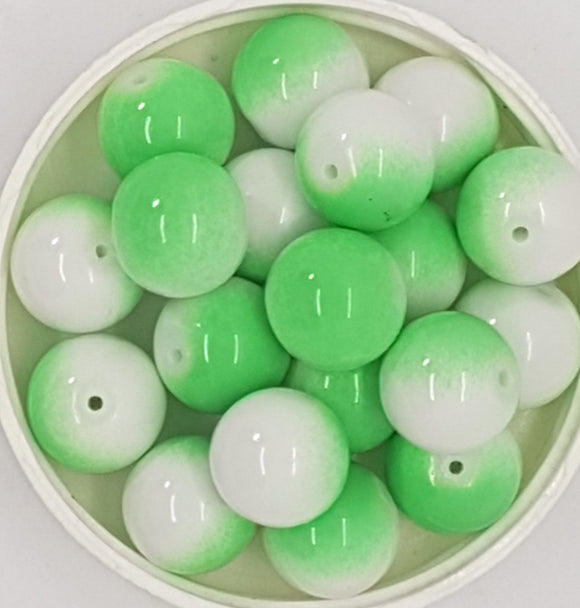 14MM GLASS BEADS - 20 PER PACKET - GREEN AND WHITE