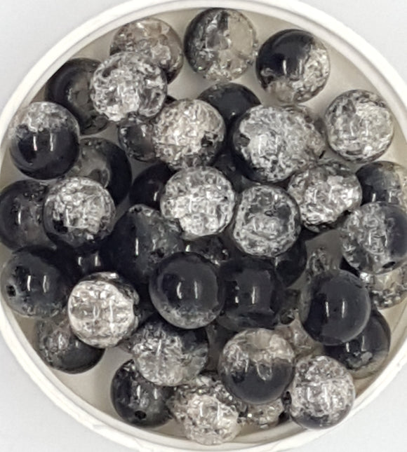 10MM GLASS BEADS - 25 PER PACKET - BLACK/CLEAR CRACKLE