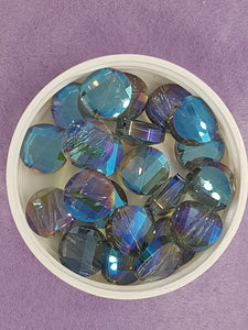 ROUND - 14MM FACETED TWIST GLASS - E.PLATED BLUE RAINBOW
