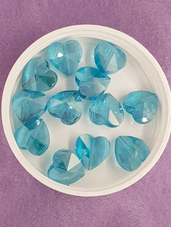 HEARTS - 14MM FACETED GLASS - ELECTROPLATED DEEP SKY BLUE