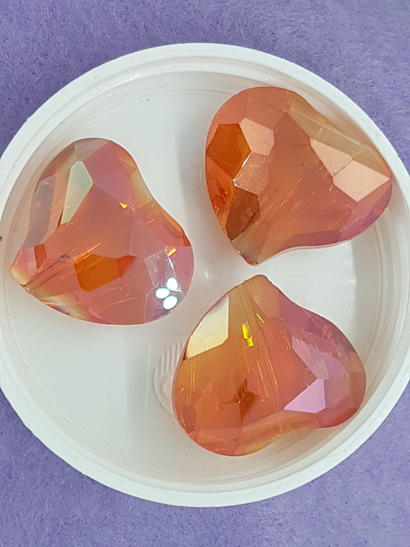 HEARTS - 28MM FACETED GLASS - E.PLATED - DARK ORANGE