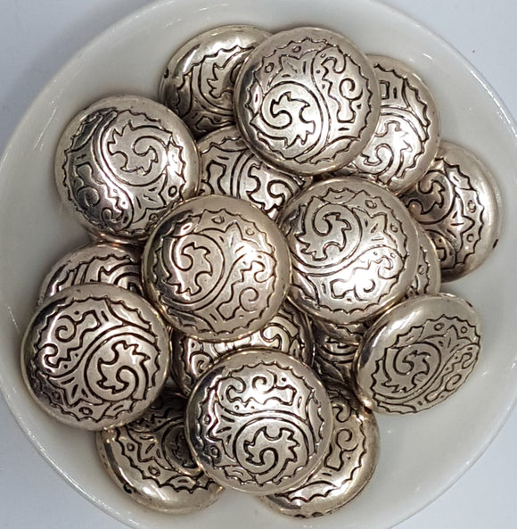 METALISED BEADS - 25MM PATTERNED SILVER COLOUR FLAT ROUND BEADS