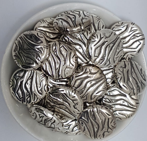 METALISED BEADS - 25MM TWIG PATTERN SILVER COLOUR FLAT ROUND BEADS