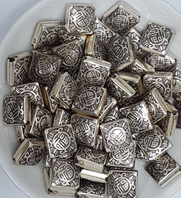 METALISED BEADS - 12MM SQUARE SILVER COLOUR BEADS