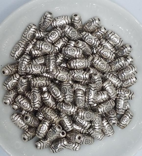 METALISED BEADS - 10MM BARREL SILVER COLOUR BEADS