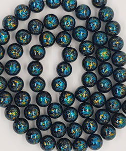 12MM GLASS BEADS - 20 PER PACKET - BLACK with Blue/Gold Mottle