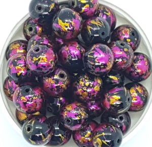 12MM GLASS BEADS - 20 PER PACKET - BLACK WITH FUCHSIA AND GOLD