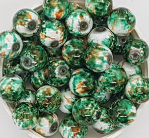 12MM GLASS BEADS - 20 PER PACKET - GREEN AND ORANGE MOTTLE