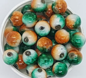 12MM GLASS BEADS - 20 PER PACKET - GREEN AND ORANGE