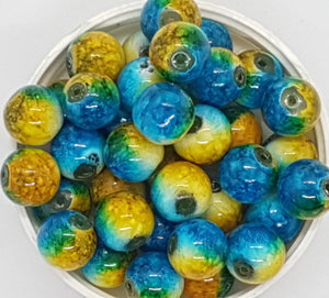 12MM GLASS BEADS - 20 PER PACKET - CYAN AND YELLOW