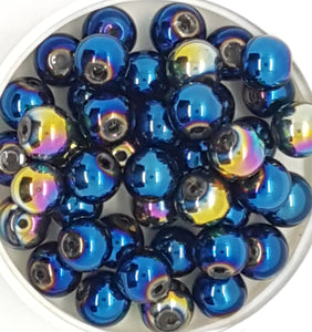 10MM GLASS BEADS - 25 PER PACKET - BLUE/VITRAIL PLATED