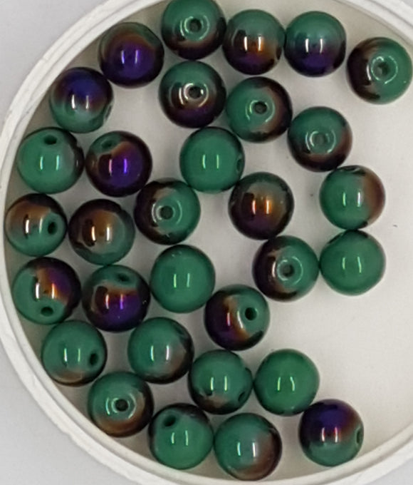 8MM GLASS BEADS - ELECTROPLATED - 20 PER PACKET - PURPLE/GREEN MIX