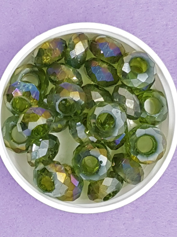 RONDELLES - 14 X 8MM FACETED GLASS - E.PLATED OLIVE