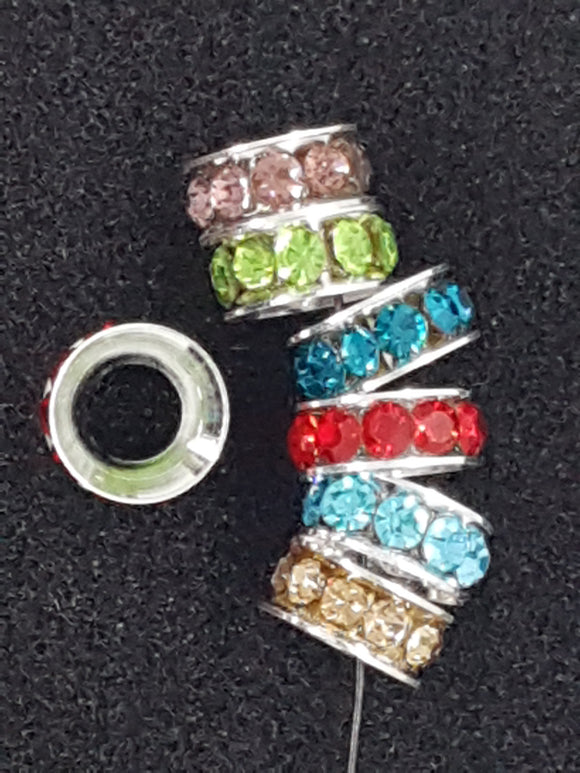 RHINESTONE SPACERS - 10 X 4.2MM SILVER MIXED COLOURS