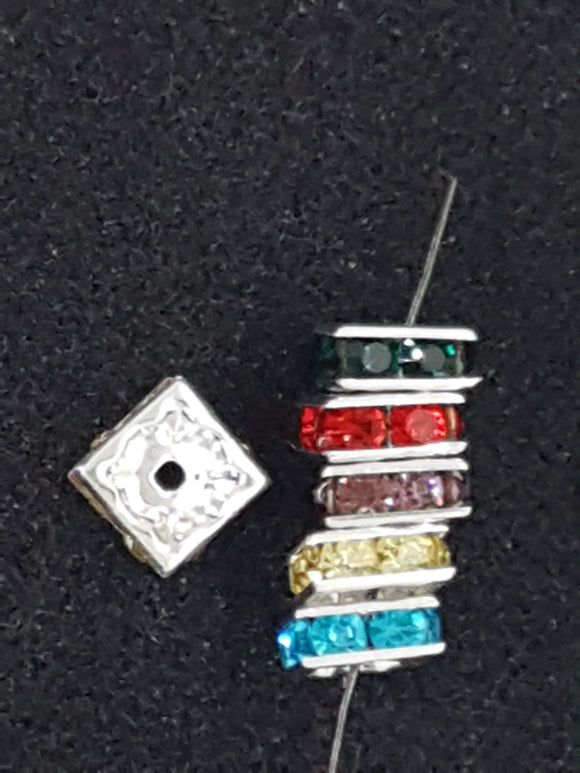 RHINESTONE SPACERS - 8MM SQUARE SILVER MIXED COLOURS