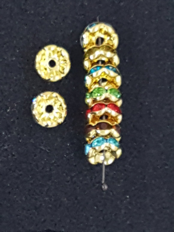 RHINESTONE SPACERS - 8MM GOLDEN MIXED COLOURS