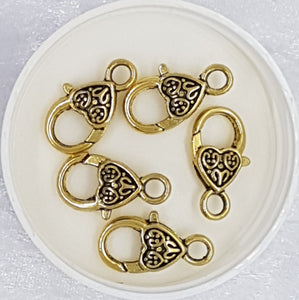 LOBSTER CLASPS - ANTIQUE GOLD COLOUR HEART